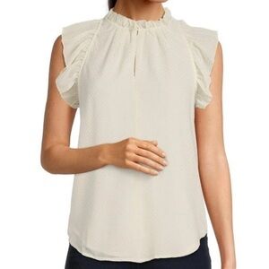 Michael Kors Dewdrop Chiffon Ruffled Top  Bone Ivory White Gold Dots Size XS‎